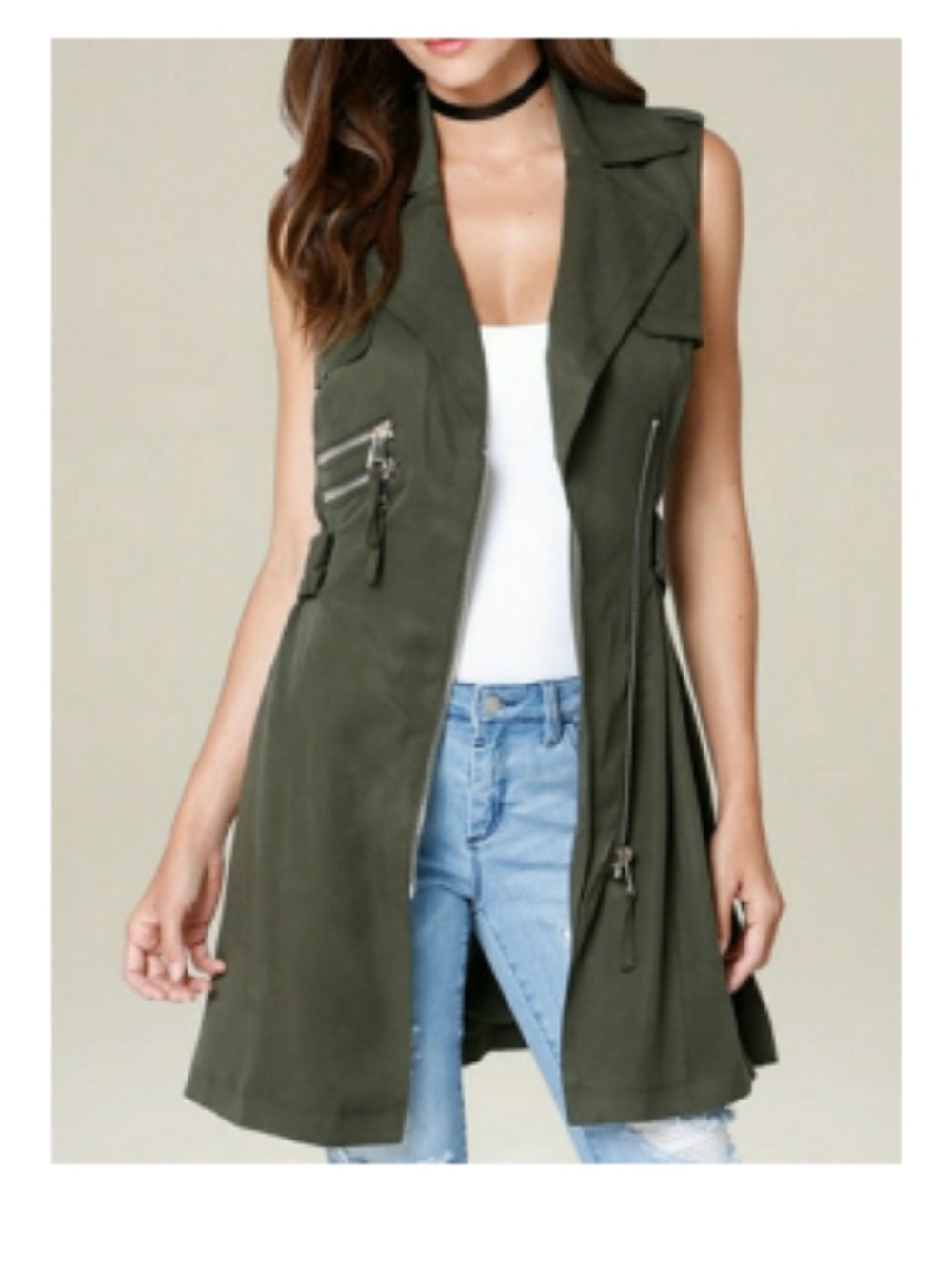 Bebe Olive Green Zipper Closure Sleeveless Utility Trench Belted Jacket NWT